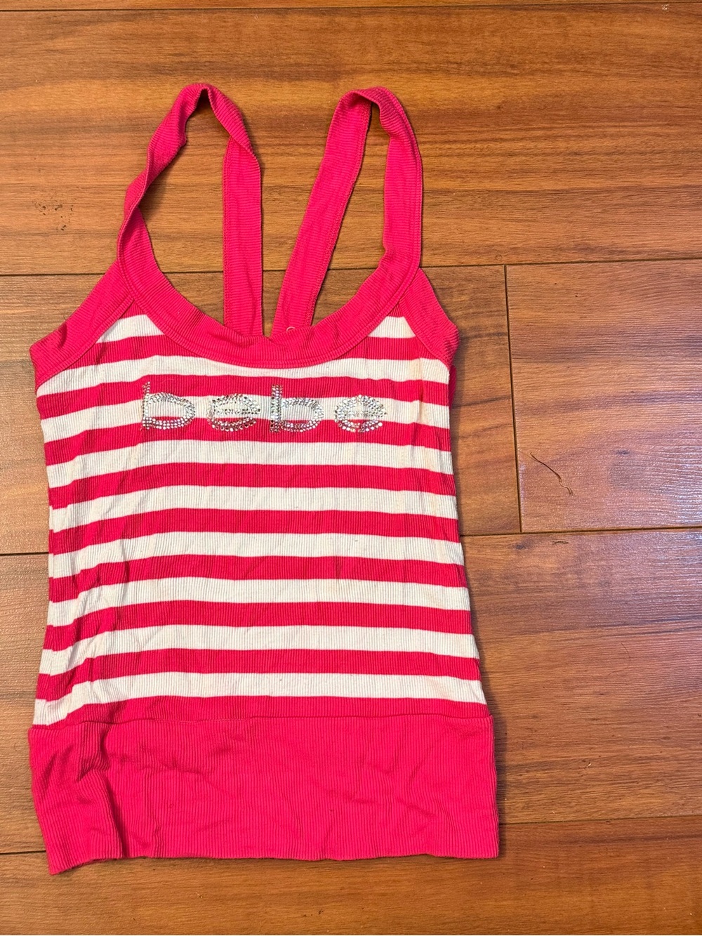 bebe Hot Pink & White Striped Ribbed Tank with Embellished Logo